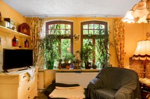 een woonkamer met een stoel en 2 ramen bij Fairy Cottage in Rhauderfehn