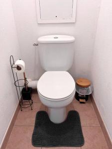 La salle de bains est pourvue de toilettes blanches et d'un tapis. dans l'établissement Disneyland Paris Appartement, à Montévrain