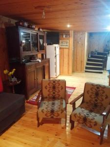un soggiorno con 2 sedie e una cucina di Traditional Wooden Apartment a Koutsodímos