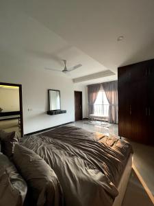 1 dormitorio con 1 cama grande y espejo en Eiffel Tower Apartment, en Rawalpindi