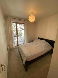 een slaapkamer met een bed, een raam en een kroonluchter bij Cosy flat in Boulogne in Boulogne-Billancourt
