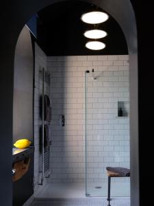 baño con ducha y puerta de cristal en Alpine Apartments Snowdonia, en Betws-y-coed
