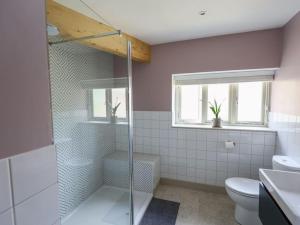 a bathroom with a shower and a toilet and a sink at Spacious 1-bed apartment with super king or twin in central Charlbury, Cotswolds in Charlbury