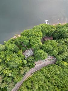 uma vista superior de uma estrada na floresta em Pensiunea Lac em Arefu