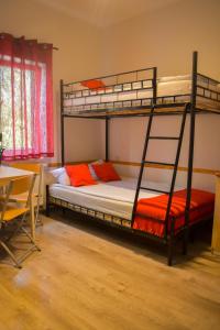 a bedroom with two bunk beds and a table at Arcus Premium Hostel in Warsaw