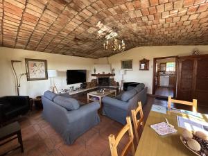 a living room with blue couches and a table at Casa Rural Cupiana Piscina privada Malaga in Málaga