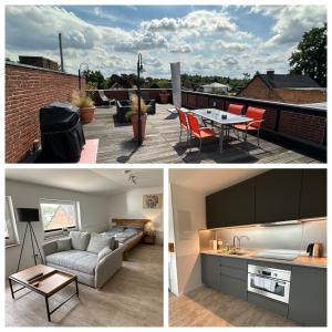 two pictures of a living room and a kitchen in a house at MEINpartments Wolfsburg in Wolfsburg