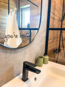um lavatório de casa de banho com um espelho por cima em Casa Nis - Apartament 2 dormitoare in Sibiu em Turnişor