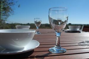 VimieiroにあるBubulcus and Bolotas - Off Grid Nature Holiday Homeの木製テーブルの上に置かれたワイングラス
