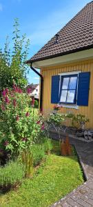 a house with a blue window and flowers in the yard at Lindow Rügen in Putbus +2 photos