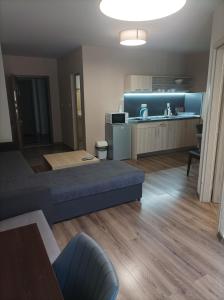 a living room with two beds and a kitchen at Apartments KiM Sandanski in Sandanski