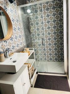 ein Bad mit einer Dusche, einem Waschbecken und einem Spiegel in der Unterkunft La voûte du 26 in Albi