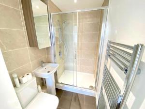 a bathroom with a shower and a toilet and a sink at Canning Town 2 Bed Apartment in London