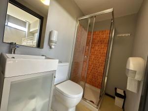 a bathroom with a toilet and a sink and a shower at Vigo Beds & Rooms in Vigo