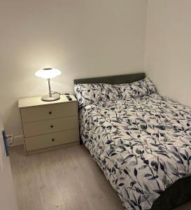 um quarto com uma cama e um candeeiro numa mesa de cabeceira em PUREWAYS em Southampton