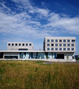 林茲的住宿－Boulderbar Hotel Leonding，两边涂有涂鸦的白色建筑