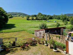 un jardín con macetas y una valla de piedra en Le Grand Cerf - 4 Couchages en Nalzen