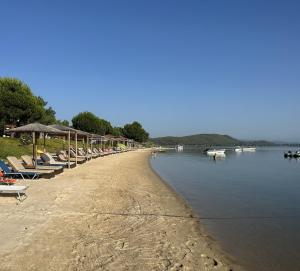 a beach with chairs and umbrellas next to the water at Limoncello Villas in Vourvourou