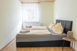ein großes Bett in einem Zimmer mit Fenster in der Unterkunft Hof Türke in Moritzburg