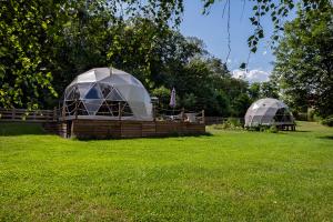 two domes in a field in a field of grass at GlampingSantoczno in Santoczno
