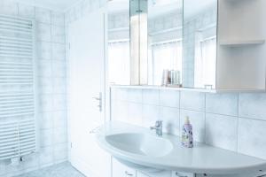 a white bathroom with a sink and a mirror at Hof Türke in Moritzburg