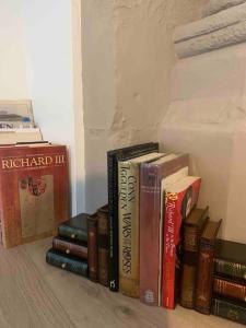 a pile of books sitting on a shelf in a room at Richard III Luxury apartment in Leicester