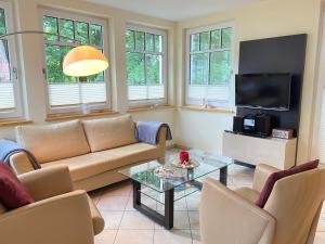 - un salon avec un canapé et une télévision dans l'établissement Neue Villa Ernst - Ferienwohnung 4, à Bansin