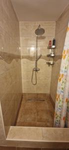 a bathroom with a shower with a shower curtain at Vacation House Ivan Komiza in Komiža
