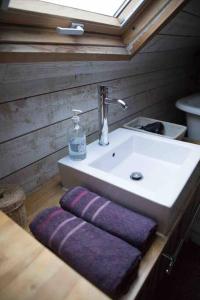 a bathroom with a sink with a purple towel at Loft charmant dans le centre historique in Nantes