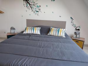 um quarto com uma cama grande e 2 almofadas em Gite la Ressource O' Naturel em Bonningues-lès-Ardres