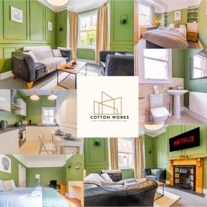 uma colagem de fotografias de um quarto com paredes verdes em Monthly Discounts,10 Guests, Business em Leicester