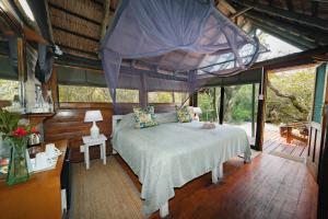 a bedroom with a bed in a room with windows at Kosi Forest Lodge in Manguzi