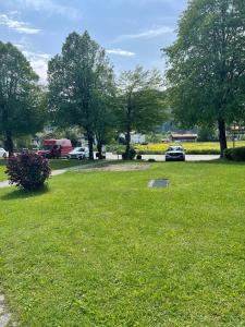 ein Park mit einem Auto im Gras geparkt in der Unterkunft Schliersee-Lounge in Schliersee