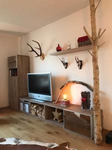 ein Wohnzimmer mit einem TV und einem Baum in der Unterkunft Schliersee-Lounge in Schliersee