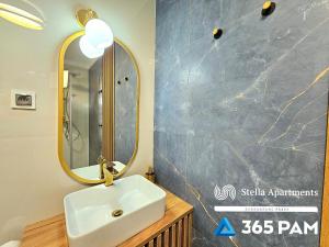 W łazience znajduje się umywalka i lustro. w obiekcie Villa Solny Apartament 7 - 365PAM w mieście Ustronie Morskie