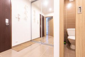 een badkamer met een toilet en een glazen douchedeur bij Friends & Family Apartment in Trenčín