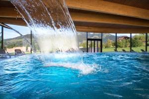 沙爾梅的住宿－Résidence le Sapin & Bains de la Gruyère，游泳池中央的喷泉