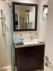 un bagno con lavandino e doccia con specchio di Bel appartement Kikar Hatzmaout, centre et plage a Netanya Altre 28 foto