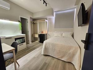 um quarto com uma cama, uma secretária e uma televisão em Apê Metrô Paraíso em São Paulo