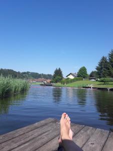 a person sitting on a dock near a body of water at Sonnenalm in Arnfels