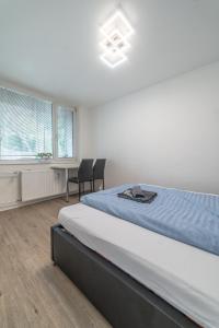 a bedroom with a bed and a desk and a window at AR Rezidencia Fibichova in Košice