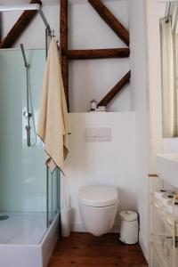 uma casa de banho com um WC e uma cabina de duche em vidro. em Lisbon City Villa em Lisboa