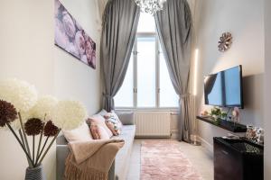 Szent István Apartments في بودابست: غرفة معيشة مع أريكة وتلفزيون