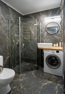 a bathroom with a washing machine and a sink at Fort63 house in Kaunas