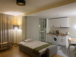 1 dormitorio con cama, mesa y cocina en Casa Cristina - Rioja II en Cenicero