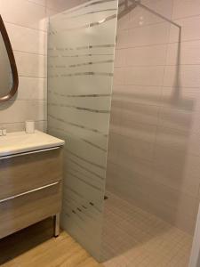 La salle de bains est pourvue d'une douche en verre et d'un lavabo. dans l'établissement Charmant studio, 