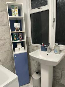 uma casa de banho com um lavatório, uma janela e uma prateleira em Lovely 4 Bedroom House with 2 Bathroom, Garden and Private Parking em Thornton Heath