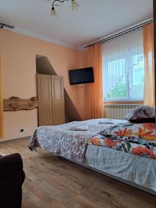 1 dormitorio con 1 cama y TV de pantalla plana en Pokoje "U Ani", en Leśnica