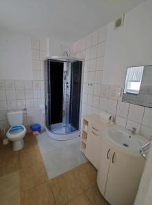 a bathroom with a shower and a toilet and a sink at Pokoje u Małgosi in Kosewo