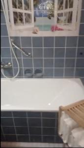 ein Badezimmer mit blauen Fliesen, einem Spiegel und einem Waschbecken in der Unterkunft Gemütliche Wohnung Bergblick in Bad Harzburg